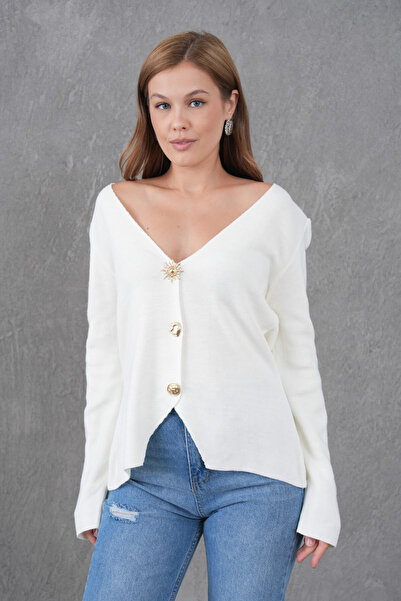 Park Karon Women's Crew Neck Button Detail Soft Textured Knitwear Jacket 12315