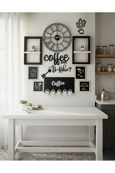 Dekorobi Modern Coffee Bar Duvar Dekoru 40 cm Saatli Ahşap Mutfak Köşesi Pano...