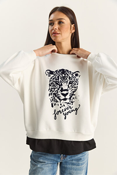 Bianco Lucci Women's Tiger Printed T-Shirt Detailed Fleece-Lined Sweatshirt 6975 60283871