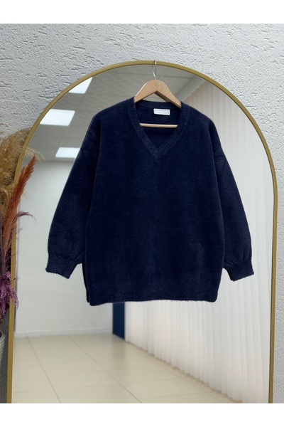 MİHRA STORE Celora V Yaka Sakallı Balon Kol Kazak-KR5029 Lacivert