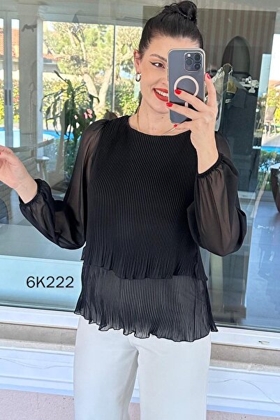 İnce Topuk 2 Layered Pleated Chiffon Blouse 6K222