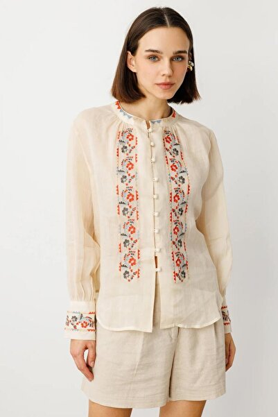 Nazen Giyim ÖNÜ ŞERİT NAKIŞLI BEJ KETEN BLUZ 3930-2Y5