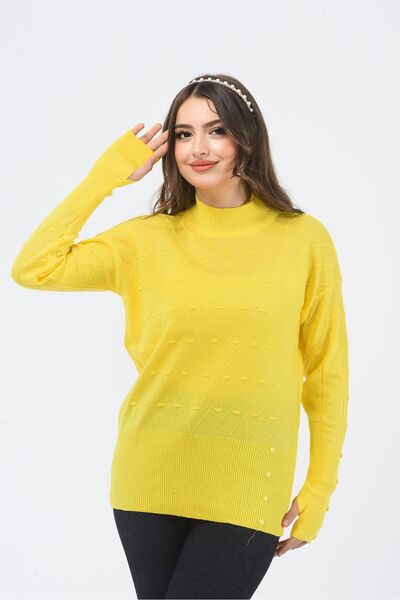 H&E LUXURY DESIGN Women's Finger-Loop Detailed Embossed Patterned Sweater