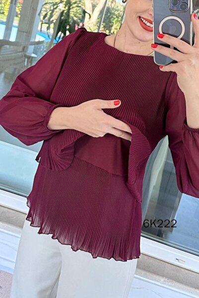 İnce Topuk 2 Layered Pleated Chiffon Blouse 6K222