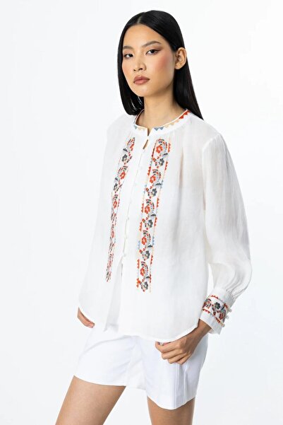 Nazen Giyim Front strip embroidered ecru linen blouse 3930-2y5