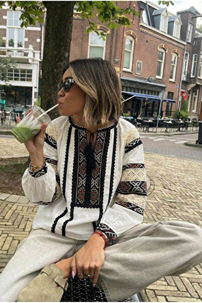 FEMELLE Bluză de damă din bumbac cu broderie, cu guler alb, cu dantelă și detaliu brodat