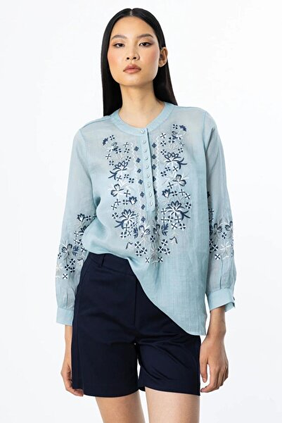 Nazen Giyim Half Buttoned Embroidered Blue Women's Blouse 3940-2Y5