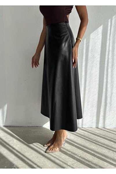 UNBOX Plum Leather Midi Skirt – Black