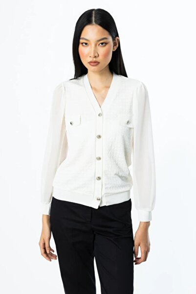 Nazen Giyim Buttoned Sleeves Tulle Ecru Women's Blouse 51446-2Y5