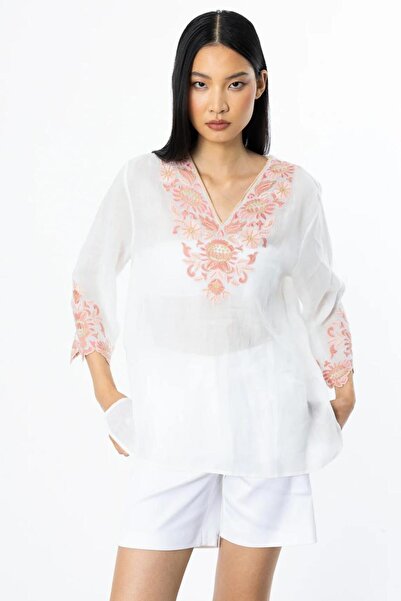 Nazen Giyim Embroidered linen ecru women's blouse 3936-2y5