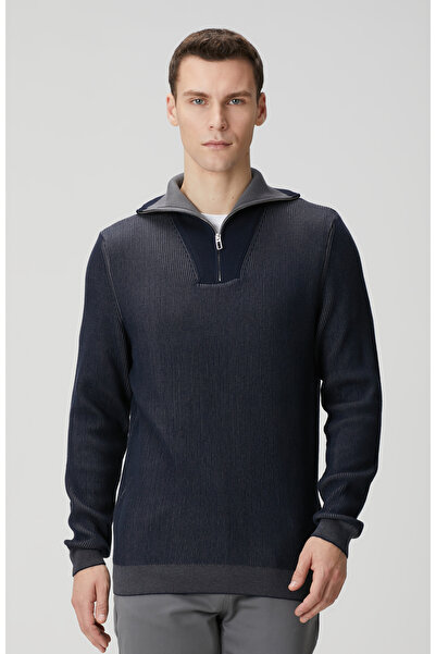 Network Lacivert Dik Yaka Çift Renk Kazak