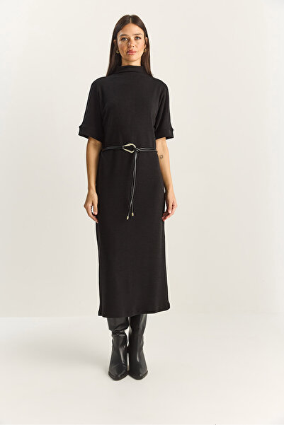 Bianco Lucci Women's Half Turtleneck Faux Leather Belted Steel Knitted Midi Dress 11052 60283854