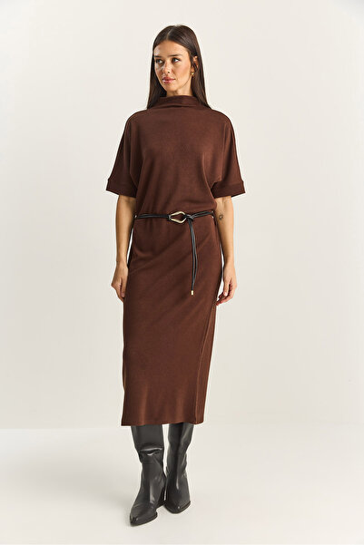 Bianco Lucci Women's Half Turtleneck Faux Leather Belted Steel Knitted Midi Dress 11052 60283854