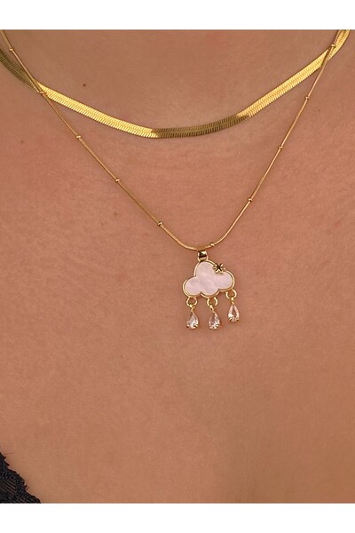 Furtek Aksesuar Pearlescent Cloud Rain Figure Gold Steel Necklace Combination Herringbone Snake Italian Chain Non-Tarnish Gift