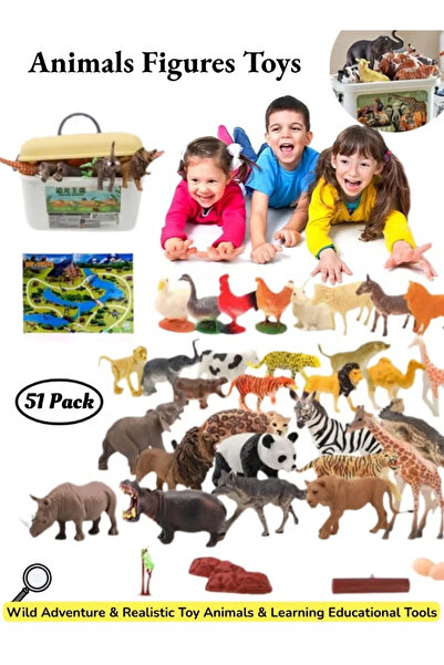 Generic 51 Animal Model Toys, Realistic Jungle Playset with Fence Map Storage Box