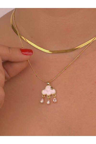 Furtek Aksesuar Pearlescent Cloud Rain Figure Gold Steel Necklace Combination Herringbone Snake Italian Chain Non-Tarnish Gift