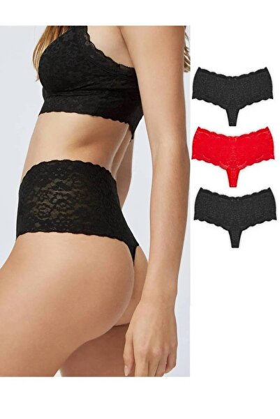 GECKO COLLECTION Dantelli Yüksek Bel Tanga Kadın Külot 3 Adet