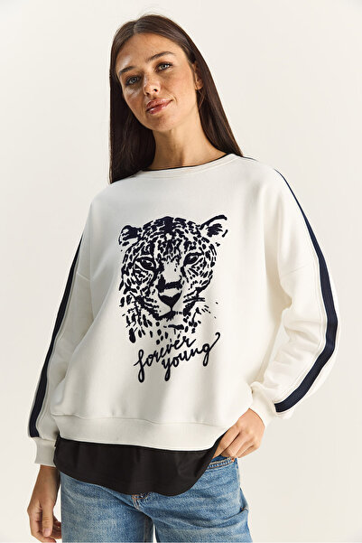 Bianco Lucci Women's Tiger Printed T-Shirt Detailed Fleece-Lined Sweatshirt 6975 60283871