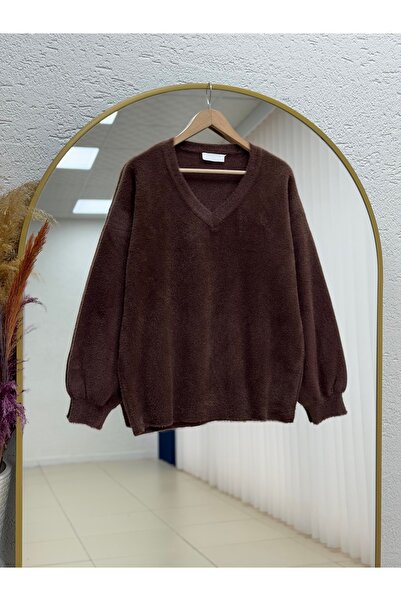 MİHRA STORE سترة سيلورا بياقة على شكل حرف V وأكمام بالون - طراز KR5029 بني اللون