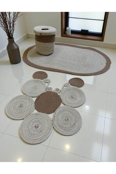 home inn Bathroom Set 3-Piece Handmade Knitted Mat (60X100 cm) & Round Trash Can Set | Stain-Resistant