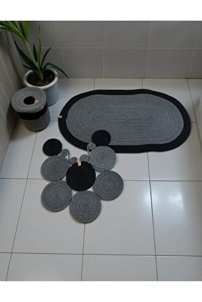 home inn Bathroom Set 3-Piece Handmade Knitted Mat (60X100 cm) & Round Trash ...