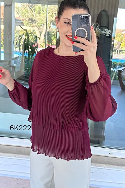 İnce Topuk 2 Layered Pleated Chiffon Blouse 6K222