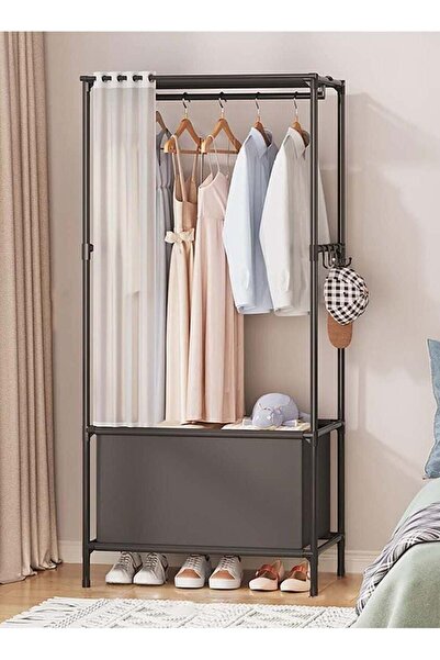 BLOOMING TIME علاقة معاطف معدنية قائمة بذاتها مع ستارة (166 × 62 × 43 سم، أسود)