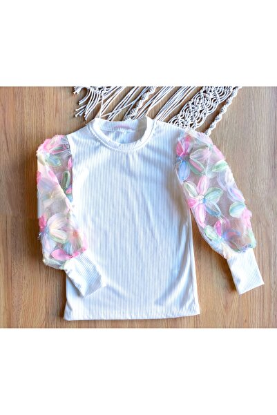 eladamoda Beyaz Kol Kısmı Nakış işleme Detaylı Kız Çocuk Pamuklu Bluz