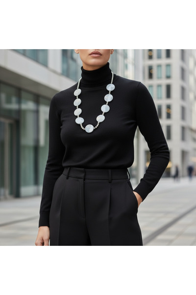 COCOSH TAKI Gray Round Stone Silver Color Bead Detailed Long Design Stylish N...