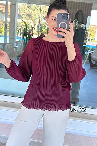 İnce Topuk 2 Layered Pleated Chiffon Blouse 6K222