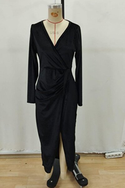 Mossta بأزرار على الجهتين فستان طويل مخملي بياقة منسدل - أسود