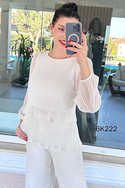 İnce Topuk 2 Layered Pleated Chiffon Blouse 6K222