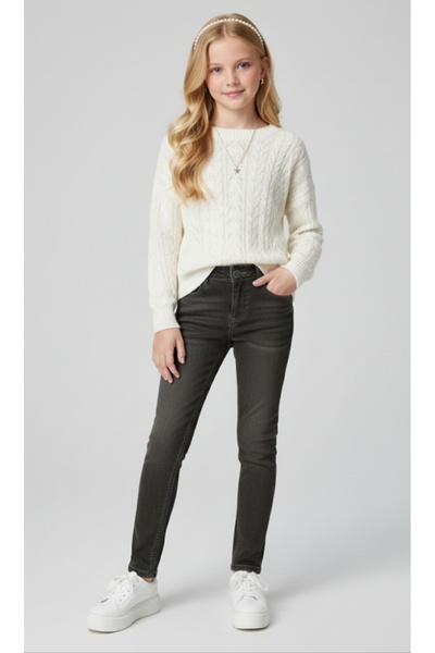 RİNDO KİDS Rindo Girl's Travel Length Solid Color Lycra Jeans