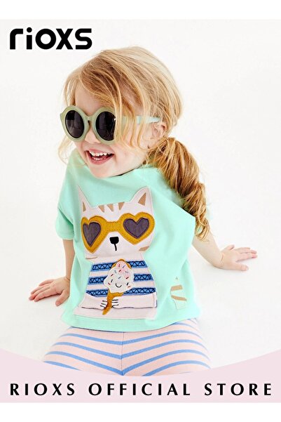 RIOXS Toddler Girls Fashionable Comfortable Tops with Cat Pattern, Breathable Soft 100% Cotton T-Shirt, Cl