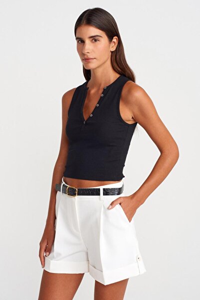 Nazen Giyim V-Neck Sleeveless Black Women's Crop 21005-2Y5