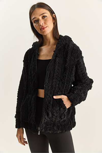 Bianco Lucci Women's Self-Patterned Zippered Hooded Plush Cardigan with Pocket Detail 4116 60283844