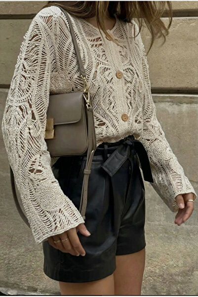 FEMELLE Women's Beige Wooden Buttoned Lace Knitwear Cardigan