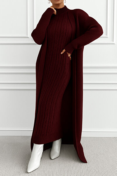 ÖZKURTOĞLU COLLECTİON طقم فستان كنزة طويل بنمط ضفائر الشعر الأنيق للنساء مكون من قطعتين، طقم تريكو شتوي للنساء