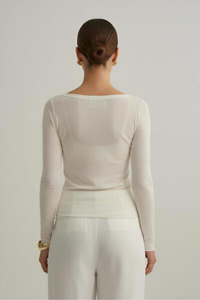 Baluxe Ecru transparent boat neck modal long sleeve blouse