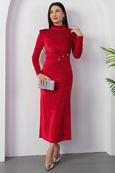 PULLIMM Рокля с кант на яката и подплатени рамене от камък и кадифе 2025-4411