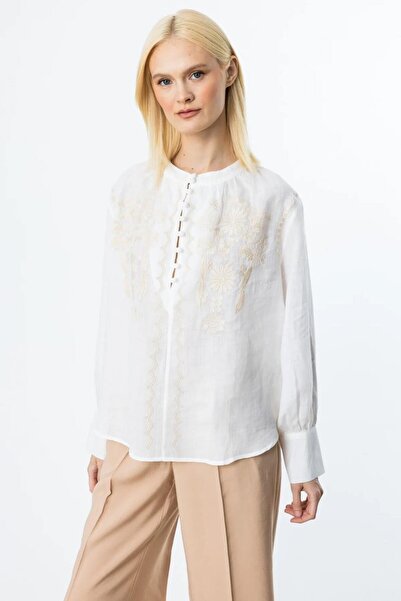 Nazen Giyim Embroidered Linen Ecru Women's Bluse with Buttons on the Front 3926-2Y5