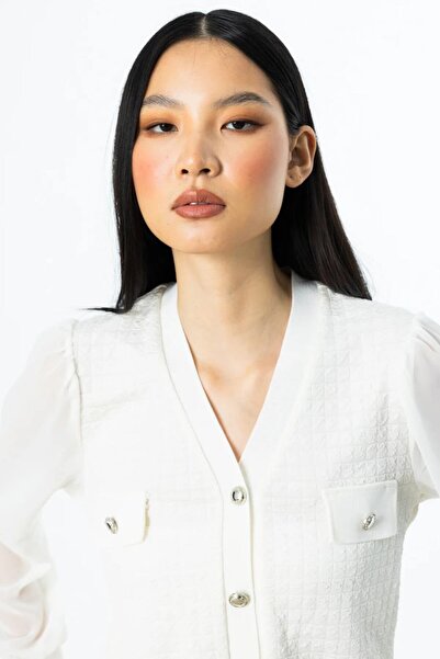 Nazen Giyim Buttoned Sleeves Tulle Ecru Women's Blouse 51446-2Y5