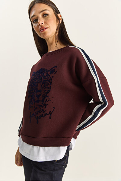 Bianco Lucci Women's Tiger Printed T-Shirt Detailed Fleece-Lined Sweatshirt 6975 60283871