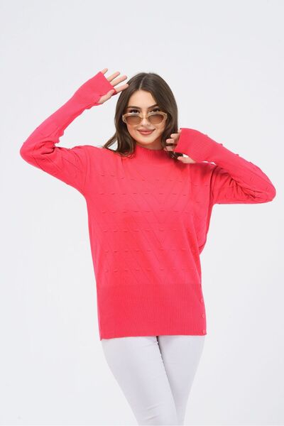 H&E LUXURY DESIGN Women's Finger-Loop Detailed Embossed Patterned Sweater