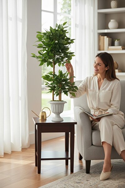 ERHAN FLOWERS Yapay Çiçek Nergiz Saksıda Benjamin Salon Balkon Ev Ağacı Yeşil Bitkisi Bambu Gövdeli Dolgun