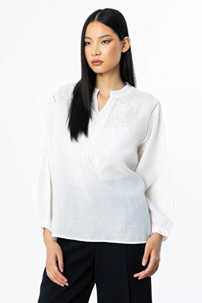 Nazen Giyim Embroidered Ecru Linen Women's Blouse 3924-2Y5