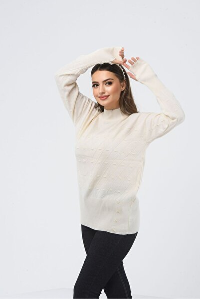 H&E LUXURY DESIGN Women's Finger-Loop Detailed Embossed Patterned Sweater