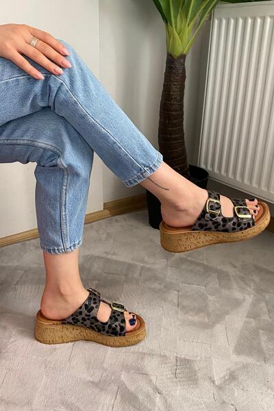 asmi shoes Sandale ortopedice pentru femei Nora Black Leopard Bandă dublă cu talpă groasă de plută Papuci K-270