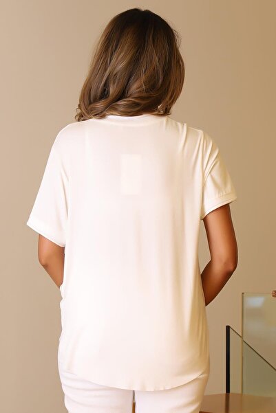 Nazen Giyim Basic Short Sleeve Ecru Women's Bluz 734-2Y5