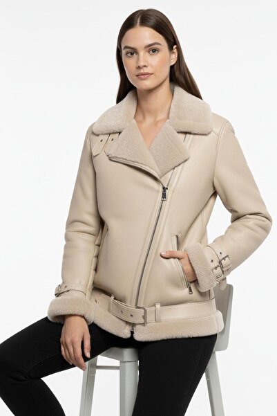 Deriderim Luna Beige Fur Genuine Leather Women's Coat